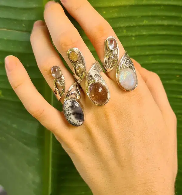 Silver Dendritic Agate, Golden Rutile & Moonstone Rings - Image 2