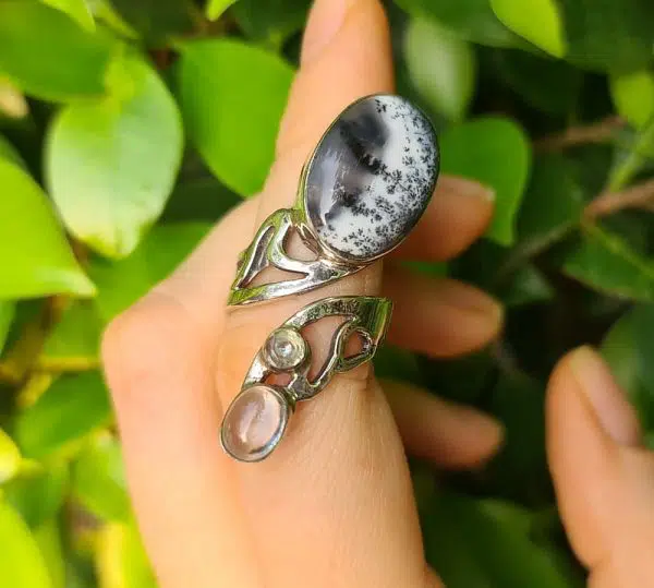 Silver Dendritic Agate, Golden Rutile & Moonstone Rings - Image 6