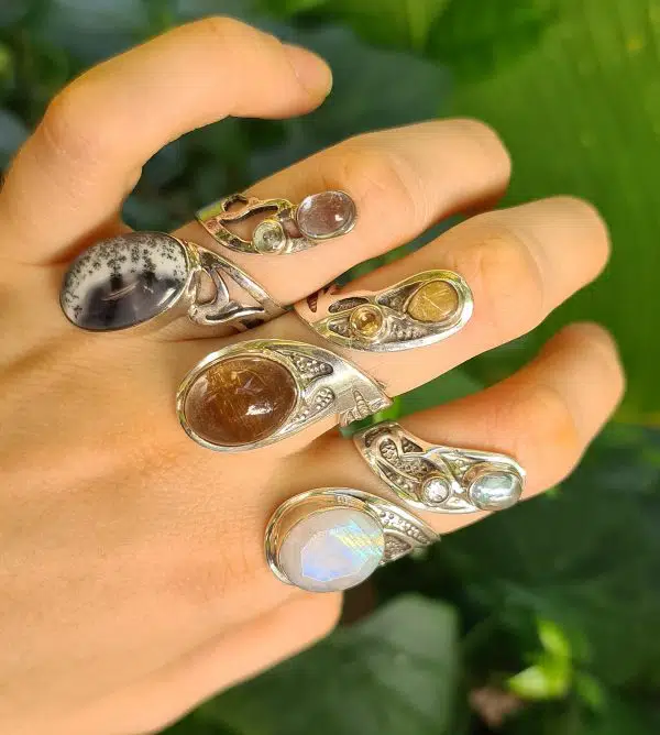 Silver Dendritic Agate, Golden Rutile & Moonstone Rings - Image 3