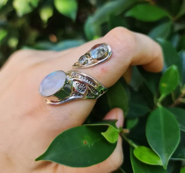 Silver Dendritic Agate, Golden Rutile & Moonstone Rings