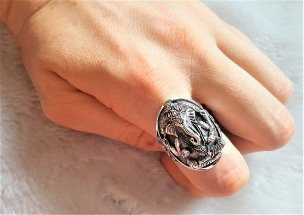 Ganesh 925 Sterling Silver Ring Great Ganesha 4 Hands Lord of Success Wealth Wisdom Ohm Aum Ganapati Talisman Amulet Good Luck Om Symbol Maruti Mouse