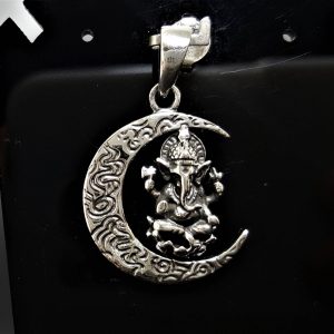 Ganesh 925 Sterling Silver Great Ganesha Pendant Crescent Moon Lord of Success Wealth Wisdom Om Aum Ganapati Talisman Amulet Spiritual Guidance