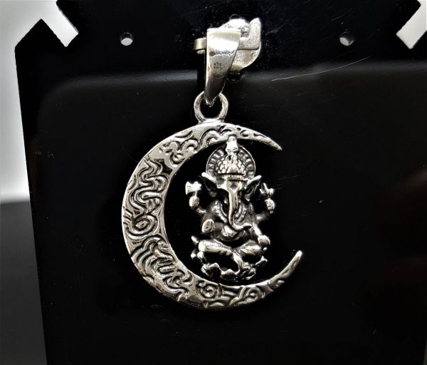 Ganesh 925 Sterling Silver Great Ganesha Pendant Crescent Moon Lord of Success Wealth Wisdom Om Aum Ganapati Talisman Amulet Spiritual Guidance