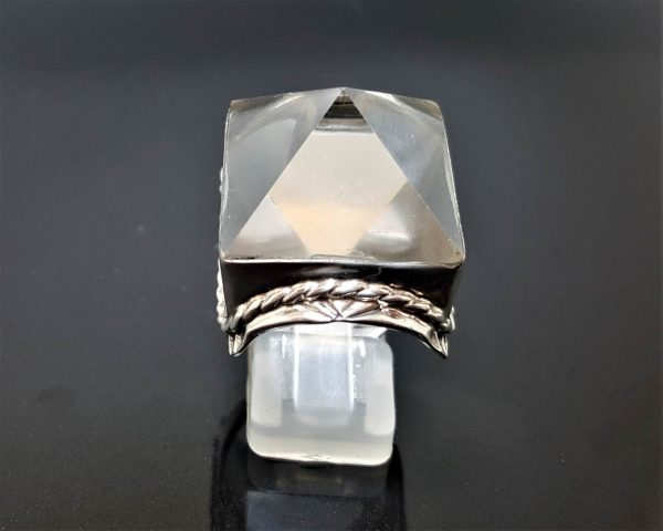 STERLING SILVER 925 Clear Crystal Quartz Large Pyramid Energy Crystal Magic Ring Crystal Talisman Amulet 19 grams
