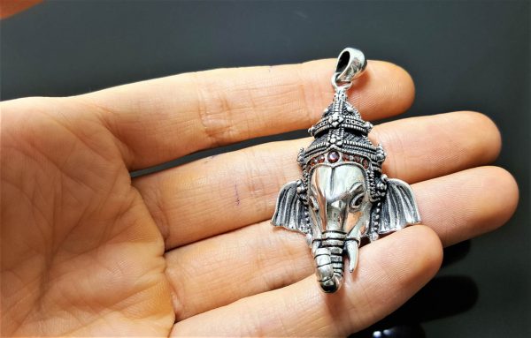 925 Sterling Silver Elephant Great Ganesha Pendant Lord of Success Wealth Wisdom Ohm Aum Talisman Amulet Spiritual Guidance Heavy 25.5 grams