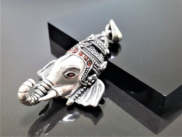 925 Sterling Silver Elephant Great Ganesha Pendant Lord of Success Wealth Wisdom Ohm Aum Talisman Amulet Spiritual Guidance Heavy 25.5 grams