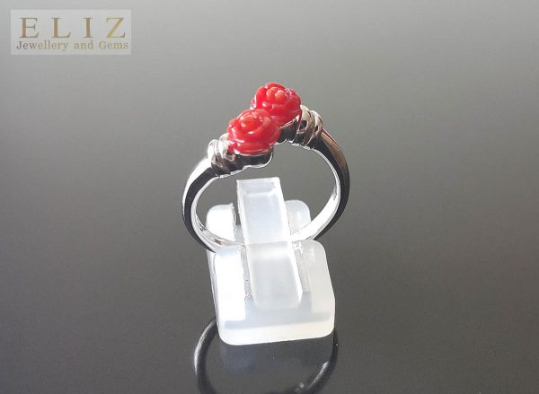 925 Sterling Silver Ring Bouquet of Genuine Red Coral Roses SZ 8