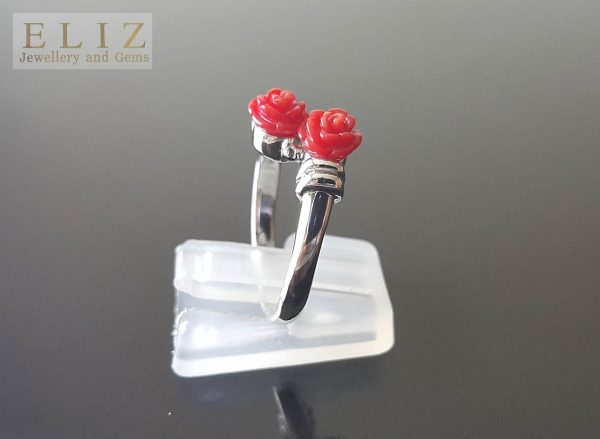 925 Sterling Silver Ring Bouquet of Genuine Red Coral Roses SZ 8