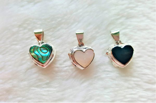 Heart Locket Pendant STERLING SILVER 925 Mother of Pearl Abalone Black Onyx Memory Love Talisman Amulet