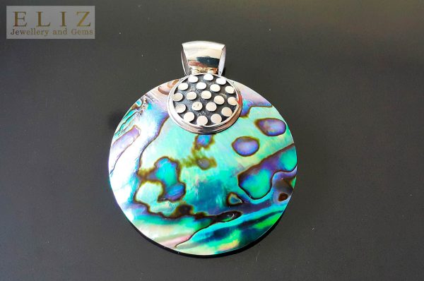 Eliz Sterling Silver 925 Large ABALONE Mother of Pearl Round Shape Pendant Beach Gift