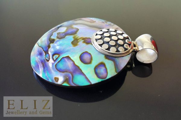 Eliz Sterling Silver 925 Large ABALONE Mother of Pearl Round Shape Pendant Beach Gift