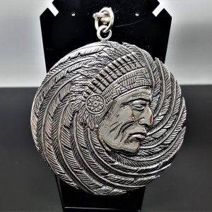 STERLING SILVER 925 Pendant American Indian Native American Pendant Tribal Chief Feathers Talisman Amulet Heavey 26 grams