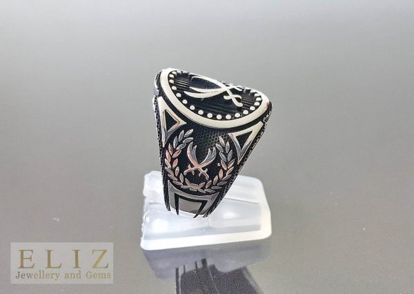 Eliz Solid Sterling Silver 925 Ring Men's Two Swords Engraving Arabic Turkish Oxidized Silver Exclusive Design