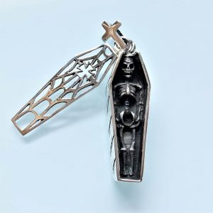 Eliz STERLING SILVER 925 Skeleton in the Coffin Pendant Movable Rock Punk Goth Exclusive Design Gift Gothic Gift