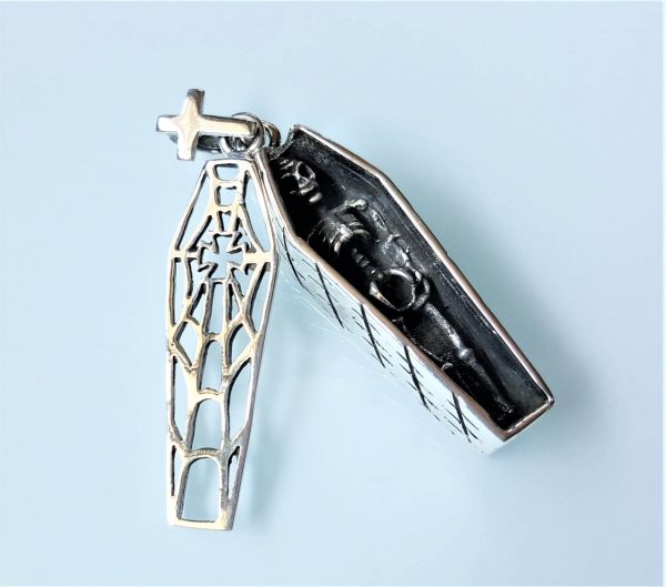 Eliz STERLING SILVER 925 Skeleton in the Coffin Pendant Movable Rock Punk Goth Exclusive Design Gift Gothic Gift