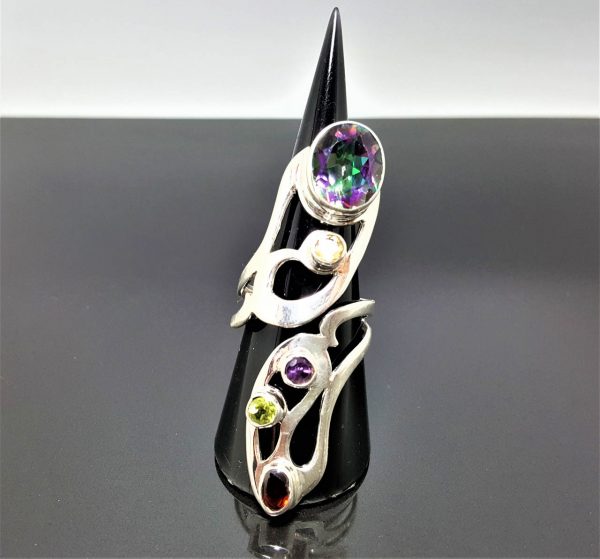 STERLING SILVER 925 Mystic Quartz Ring Genuine Amethyst Peridot Garnet Citrine Multi Stone Ring Adjustable SIze ELIZ