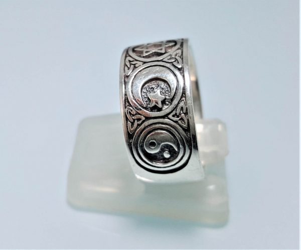 Sterling Silver 925 Ring Sacred Symbols Yin Yang Crecent Moon David's Star Buddhist Wheel of Life Ohm Aum Christian Cross Co Exist ELIZ