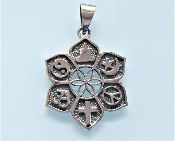Sacred Symbols Pendant 925 Sterling Silver CO-EXIST Spiritual Talisman Yin Yang Crescent Moon Buddha Om Ohm Aum Christian Cross Peace Symbol