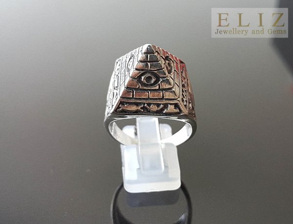 Eliz 925 Sterling SILVER Egyptian Pyramid All Seeing Eye SACRED SIGNS Scarab Ring Ancient Talisman Amulet Handmade