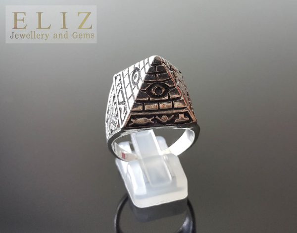 Eliz 925 Sterling SILVER Egyptian Pyramid All Seeing Eye SACRED SIGNS Scarab Ring Ancient Talisman Amulet Handmade