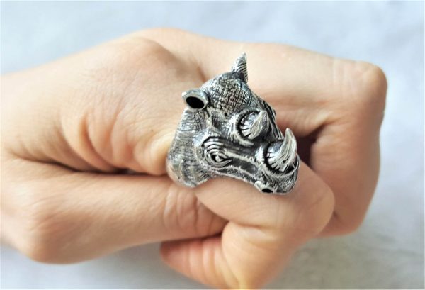Eliz STERLING SILVER 925 Rhinoceros Ring Rhino Animal Handmade Excluisve Design 27 grams