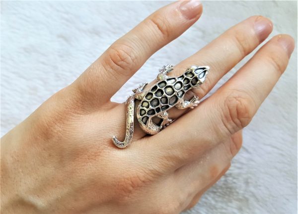 Eliz STERLING SILVER 925 Lizard Ring Spotted Gecko Lizard Handmade Excluisve Design Adjustable Size