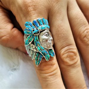 Eliz 925 Sterling Silver Ring American Red Indian Chief Profile Opal Gemstone