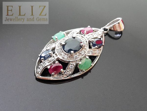 Eliz Genuine Sapphire Ruby Emerald STERLING SILVER 925 Large Pendant Exclusive Gift Natural Gemstones