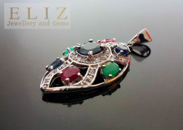 Eliz Genuine Sapphire Ruby Emerald STERLING SILVER 925 Large Pendant Exclusive Gift Natural Gemstones