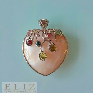Eliz Genuine Precious Tourmaline STERLING SILVER Mother of Pearl Heart PENDANT Exclusive Gift