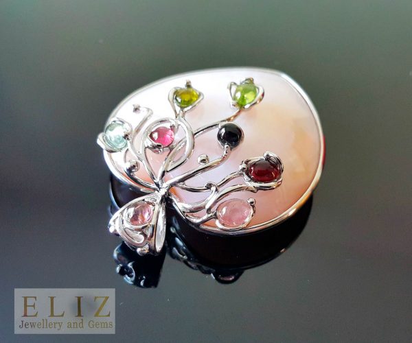 Eliz Genuine Precious Tourmaline STERLING SILVER Mother of Pearl Heart PENDANT Exclusive Gift