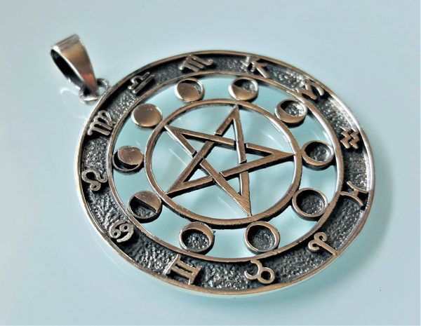 Moon Phases Pentagram STERLING SILVER 925 Pendant Star Energy Balance Zodiac Signs Astrology Sacred Symbols Talisman Amulet