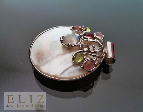 925 Sterling Silver PENDANT Genuine Tourmaline & Moon Stone Mother of Pearl Natural Gemstones Talisman Amulet Exclusive Gift