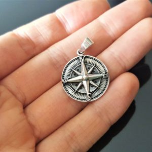 Eliz STERLING SILVER 925 Wind Rose Compass Sacred Symbols North South East West Talisman Amulet Handmade EXCLUISVE