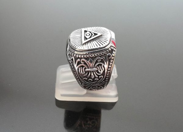 Eliz Sterling Silver . 925 Ring Masonic Symbols All Seeing Eye Pyramid Fleur De Lis Talisman Amulet Sacred Symbol