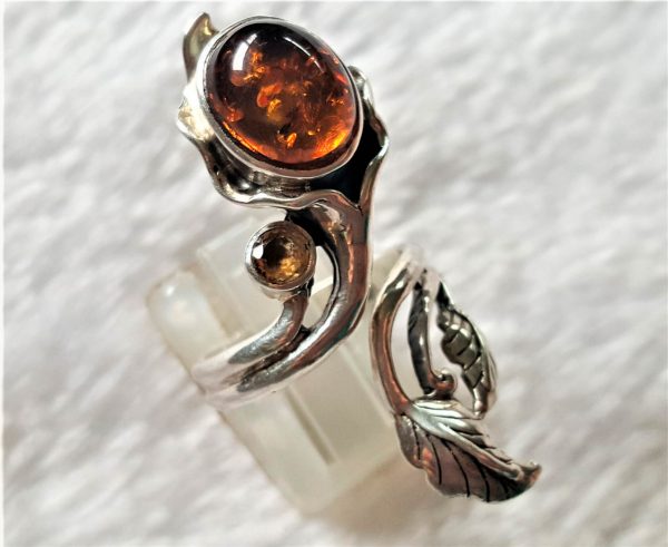 925 Sterling Silver FLower Genuine Amber & Citrine Unique Bouquet Adjustable Ring