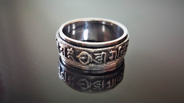 SOLID .925 Sterling Silver Buddhist Secred Symbols Nepali Ethnic Tibetan Unisex Ring Spinner Harmony Anti Stress Fidget Meditation Kinetic