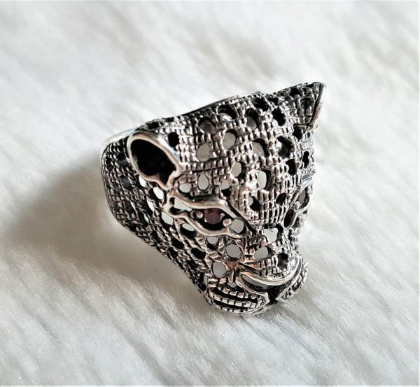 Eliz STERLING SILVER 925 Panther Ring Jaguar Cubic Zirconia Red/Black/White Eyes Cat Animal