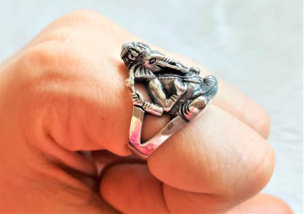 Ganesh 925 Sterling Silver Ring Great Ganesha Blessing 4 Hands Lord of Success Wealth Wisdom Om Aum Ganapati Talisman Amulet Good Luck Ohm Symbol