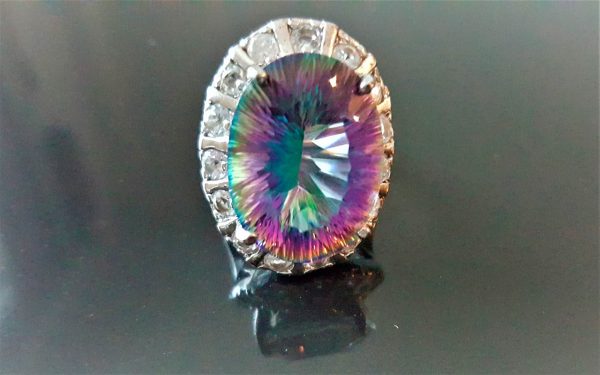 Eliz Sterling Silver 925 Ring Natural Mystic Quartz & Cubic Zirconia Grade AAA Exclusive Design Rainbow Vintage SIZE 6.5