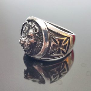 Eliz 925 Sterling Silver Ring Lion Head Royal Leo King's IRON CROSS Exclusive Gift