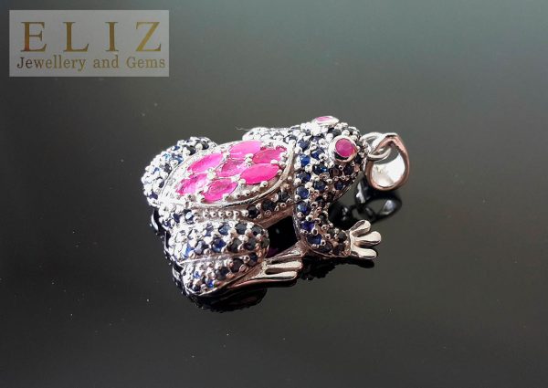 Eliz Sterling Silver 925 Large Frog Pendant Genuine Precious Sapphire&Ruby Exclusive Gift Good Luck Frog Talisman Amulet