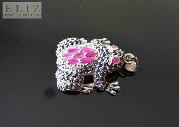Eliz Sterling Silver 925 Large Frog Pendant Genuine Precious Sapphire&Ruby Exclusive Gift Good Luck Frog Talisman Amulet