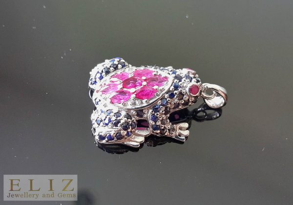 Eliz Sterling Silver 925 Frog Pendant Genuine Precious Sapphire&Ruby Exclusive Gift Good Luck Frog Talisman Amulet