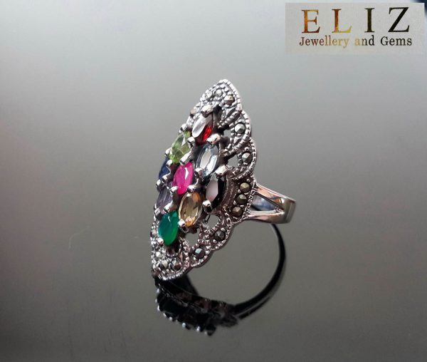 Eliz 925 Sterling Silver Ring Genuine Precious Gemstones Multi Stone & Marcasite Ruby Citrine Emerald Garnet Blue Topaz