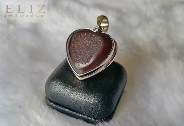 Eliz Natural Druzy Agate Quartz Geode Rock Sterling Silver 925 HEART LOVE Gift Pendant Unique Handmade design