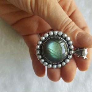 Eliz Unique Natural Labradorite SUN Pendant pearls 925 Sterling Silver Handmade Exclusive Gift Talisman Sacred Amulet