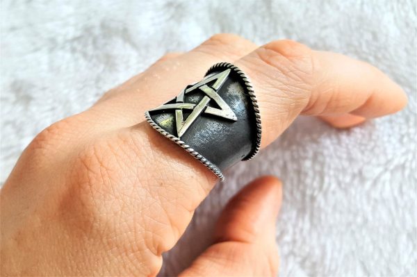 Eliz .925 Sterling Silver Ring Pentagram Star Sacred Symbols 5 pointed star Talisman Protective Amulet Exclusive Gift