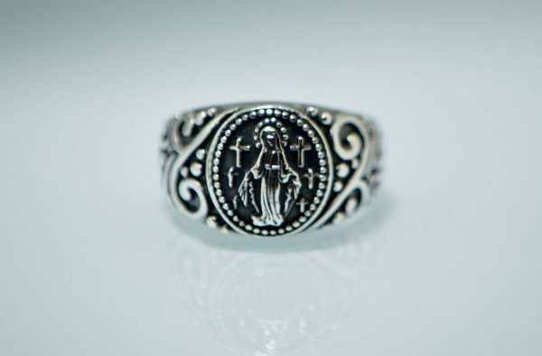 Eliz 925 Sterling Silver Mother Mary Holy Mary Crosses Signet Christian Protection Ring