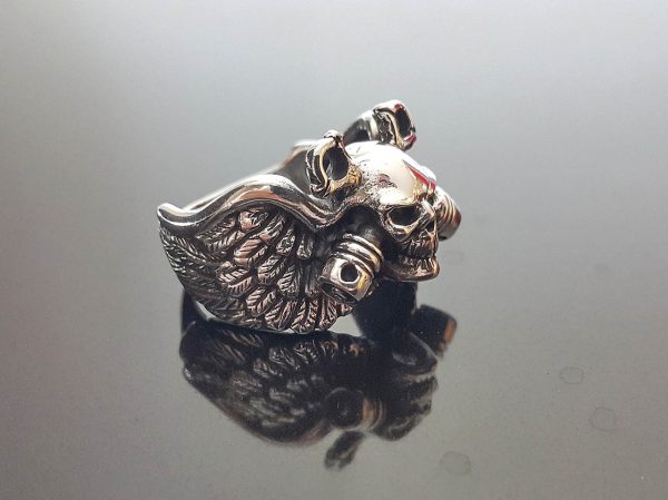 Skull Ring 925 STERLING SILVER Winged Piston Head Punk Goth Rock Biker Wing Exclusive Design